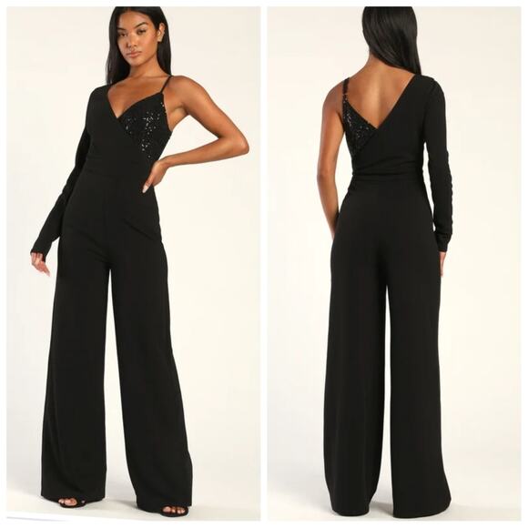 Lulus Pants - Lulus Dash of Glitter Black Sequin One-Shoulder Wide-Leg Jumpsuit